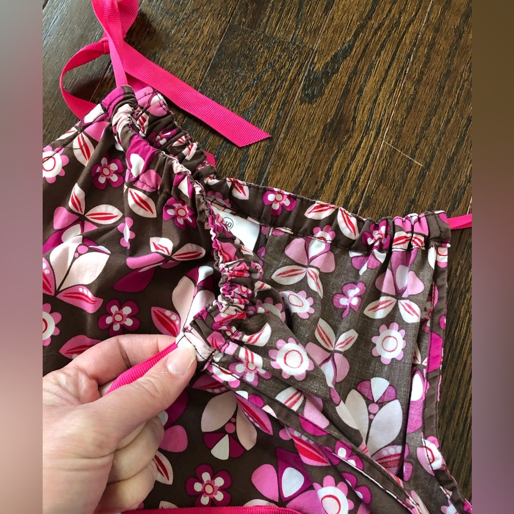 Hanna Andersson Girls 12 (150cm) Brown w/Pink Flowers Ruched Halter Shift Dress - Picture 8 of 11